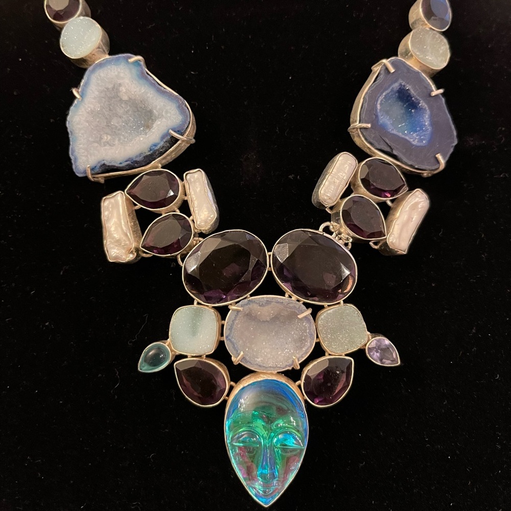 Silver druzy/amethyst/pearl/moonface necklace 18”
